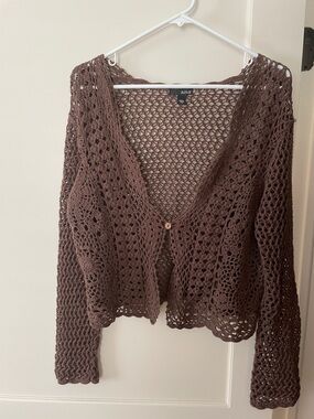 a.n.a Brown Crochet Openwork V-Neck Cardigan